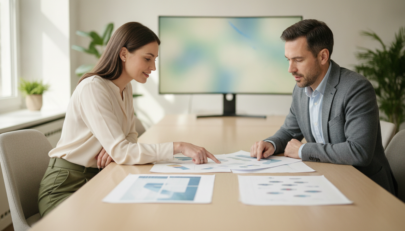 Dos personas revisando documentos a través de una mesa de reunión en una oficina luminosa