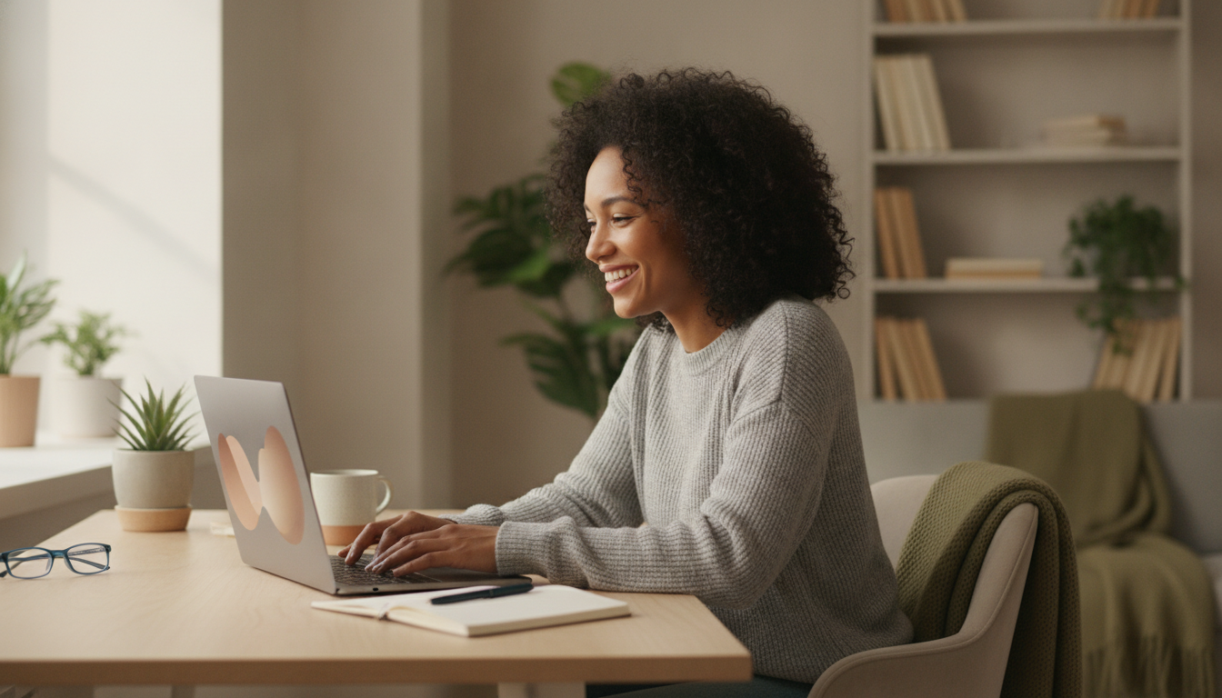 A learner studying on a laptop in a bright, welcoming and accessible workspace