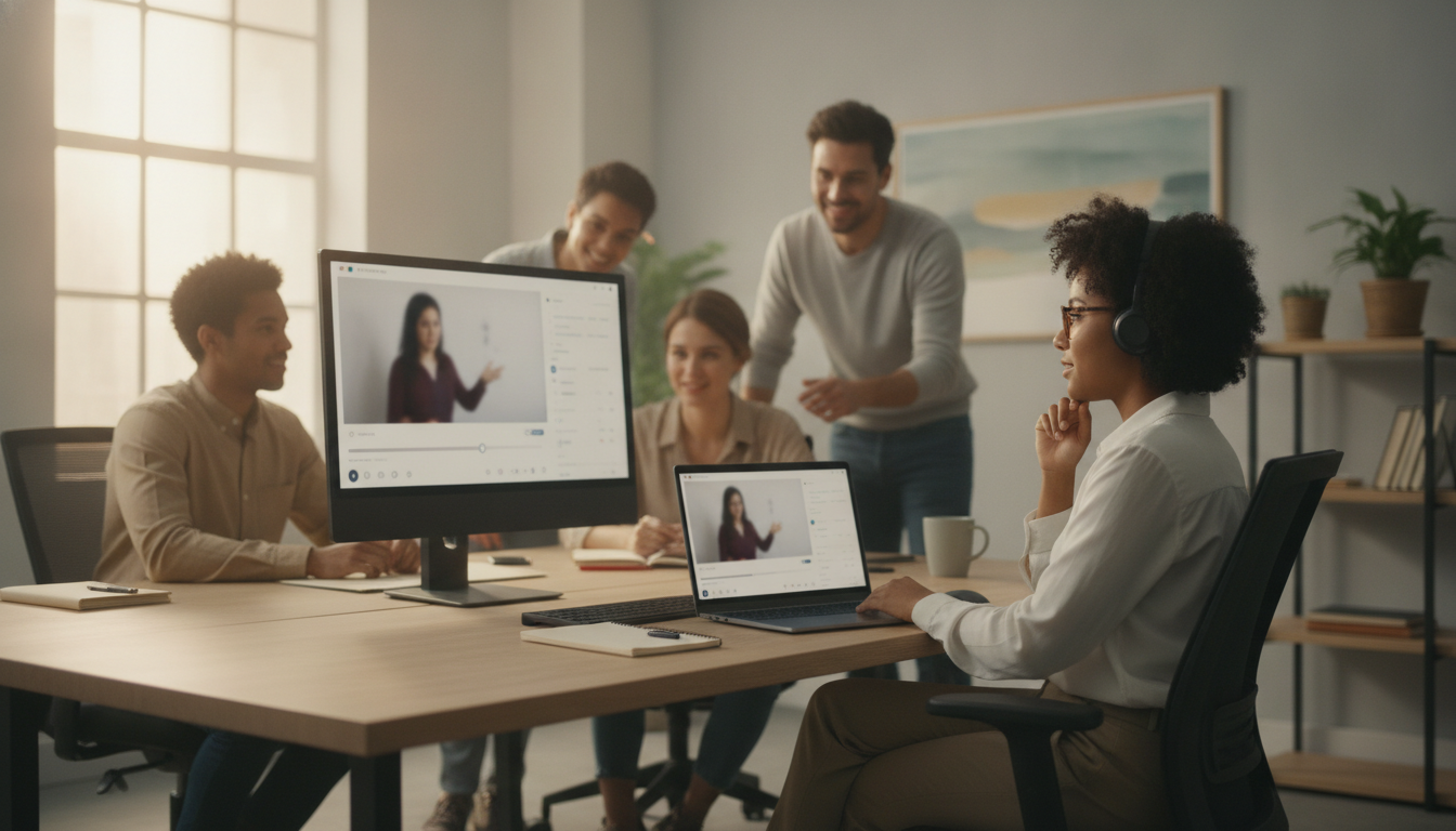 A diverse team in a bright office taking an online training course together, one colleague following the video lesson with headphones