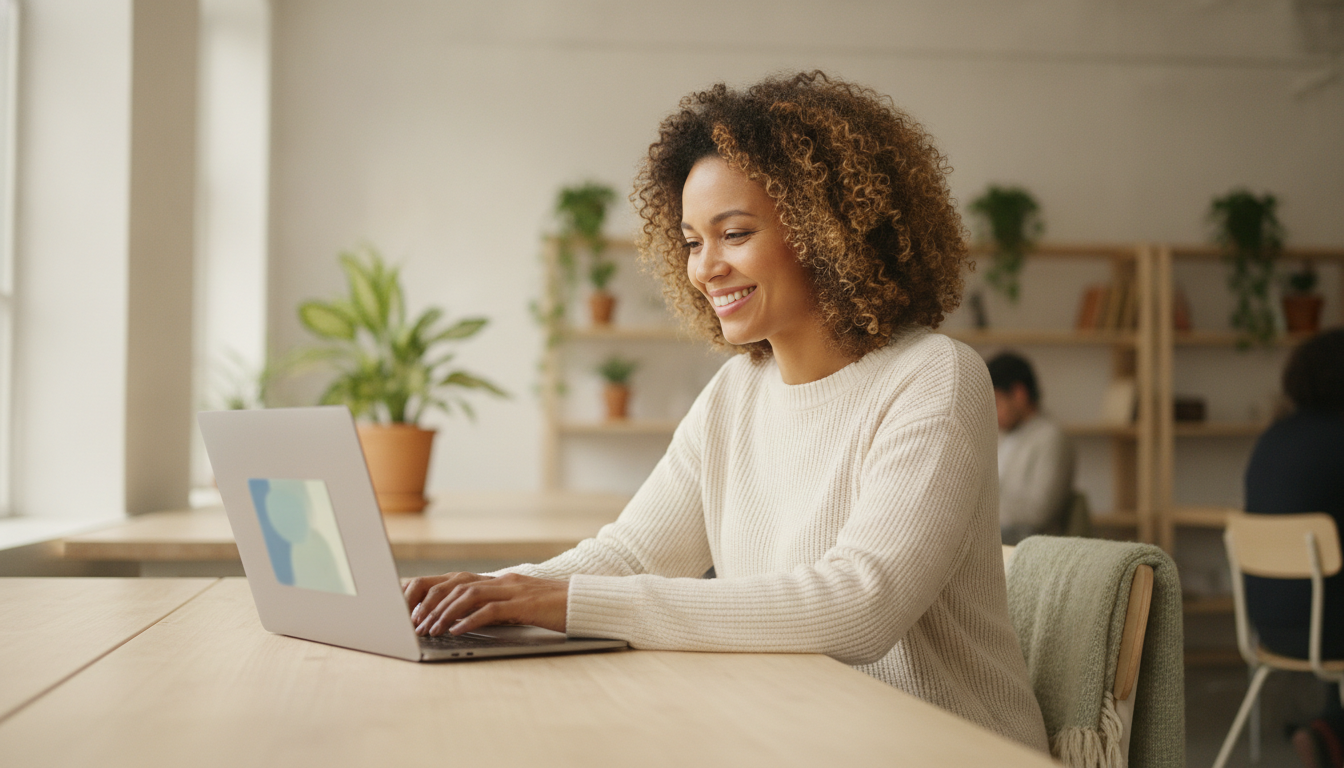 A learner studying on a laptop in a bright, welcoming and accessible workspace