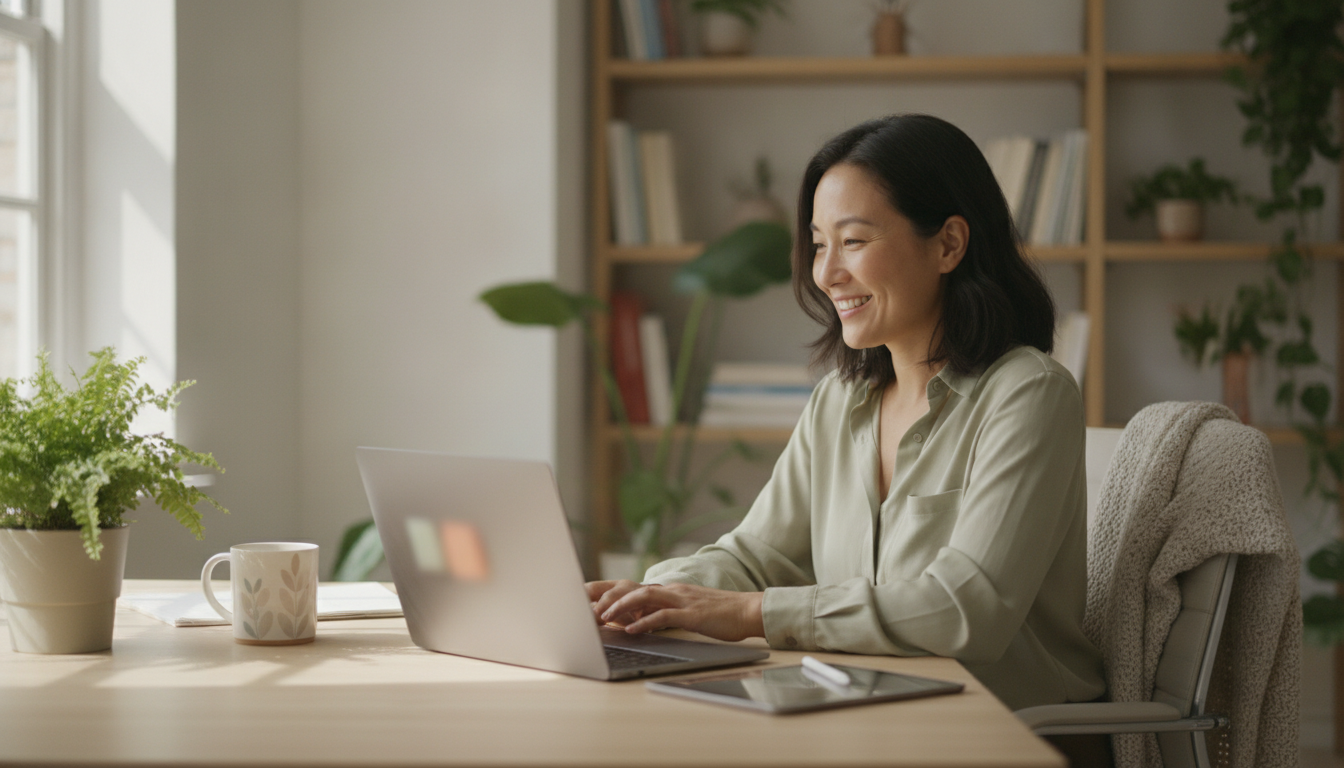 A learner studying on a laptop in a bright, welcoming and accessible workspace