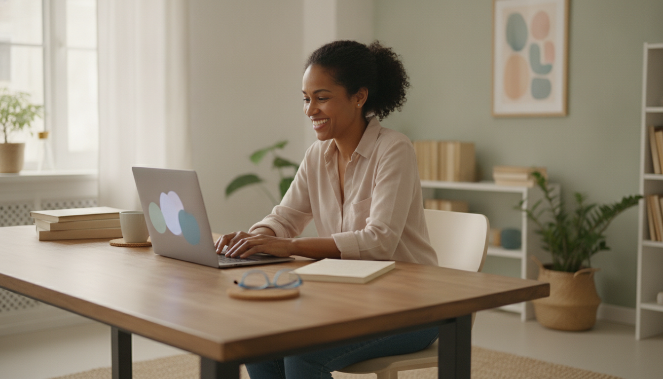 A learner studying on a laptop in a bright, welcoming and accessible workspace