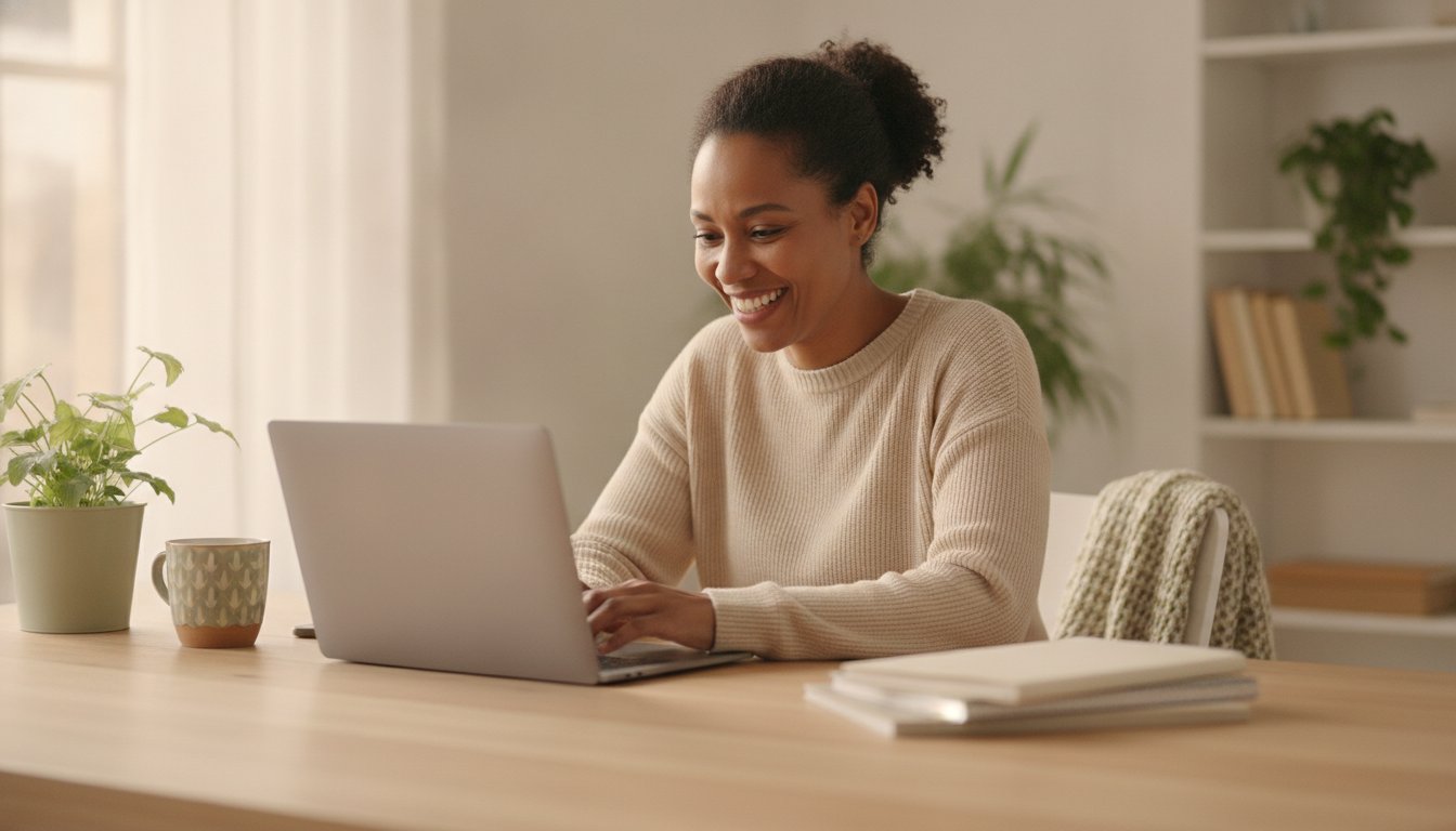 A learner studying on a laptop in a bright, welcoming and accessible workspace