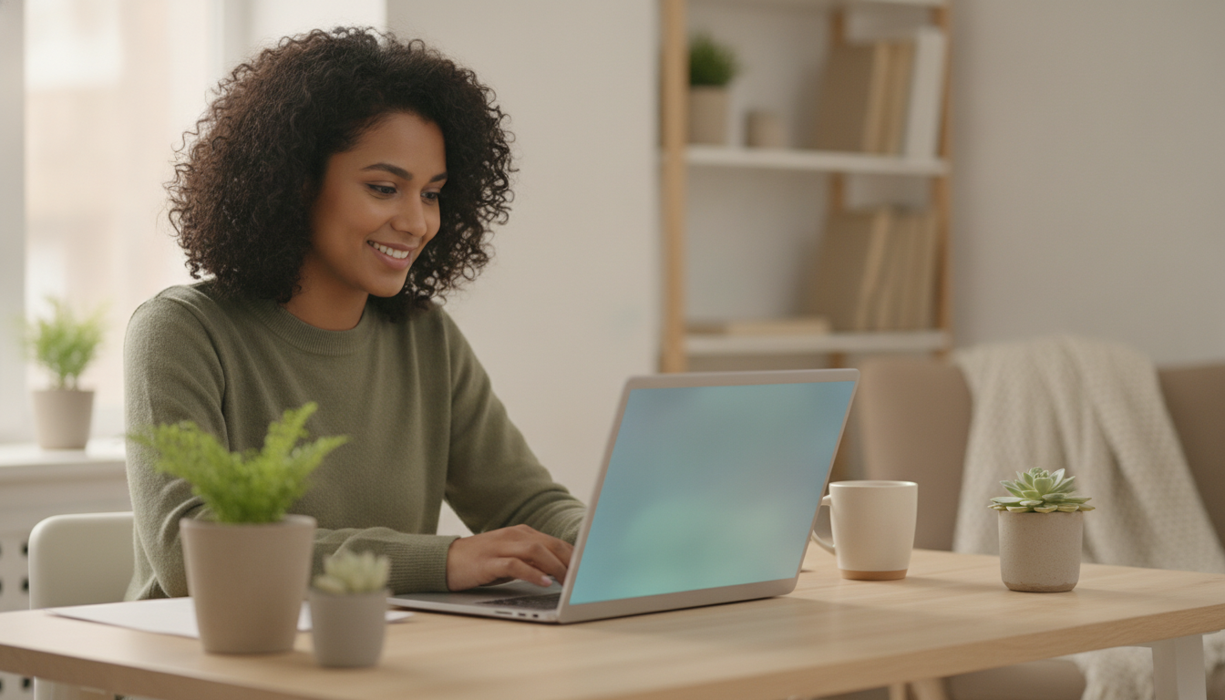 A learner studying on a laptop in a bright, welcoming and accessible workspace