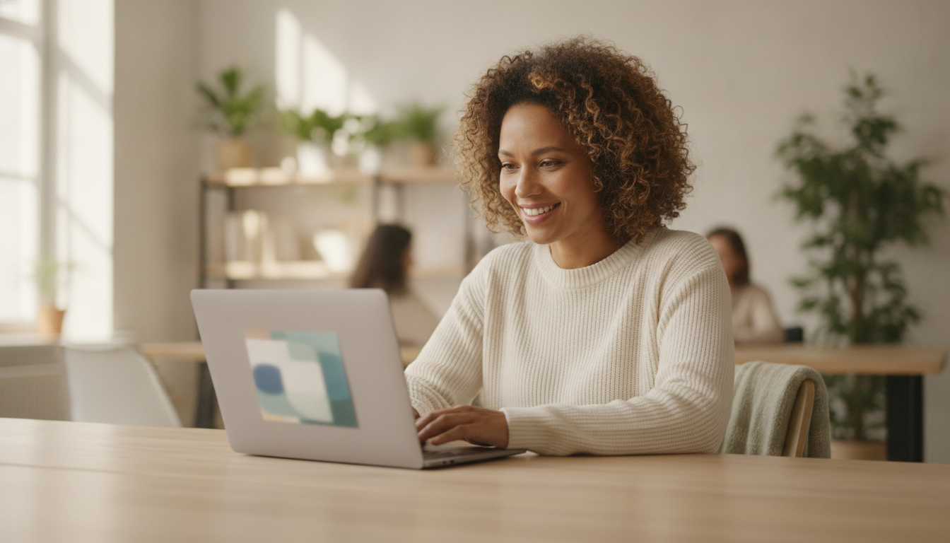 A learner studying on a laptop in a bright, welcoming and accessible workspace
