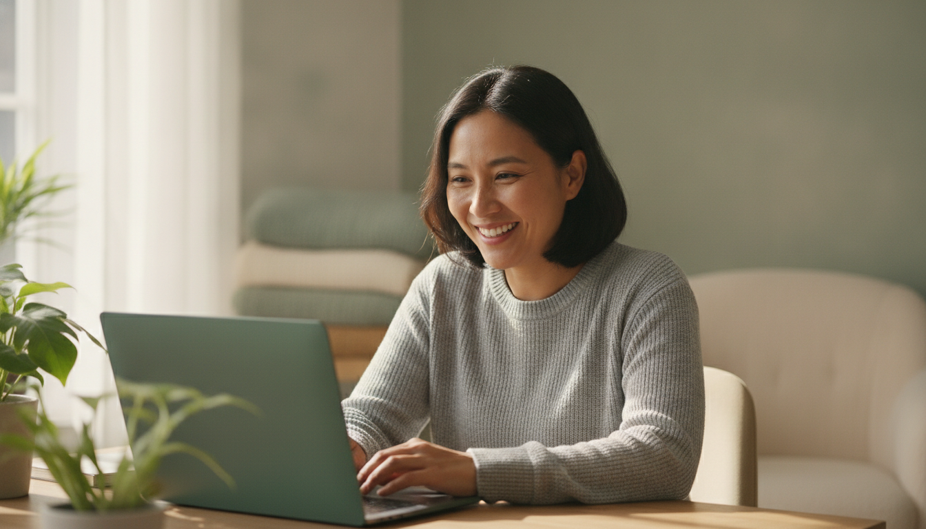 A learner studying on a laptop in a bright, welcoming and accessible workspace