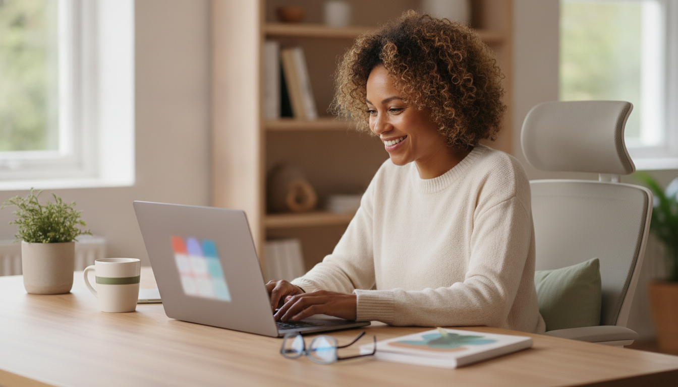 A learner studying on a laptop in a bright, welcoming and accessible workspace