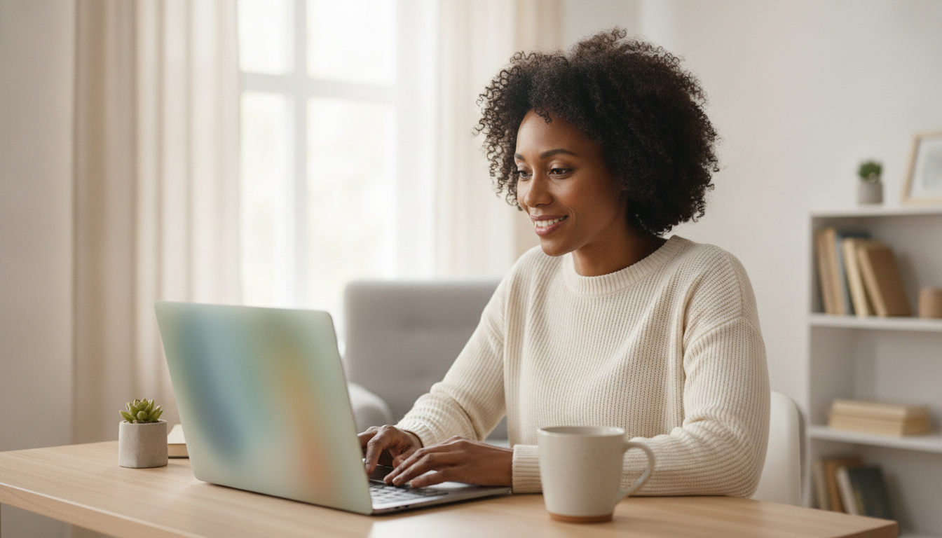 A learner studying on a laptop in a bright, welcoming and accessible workspace